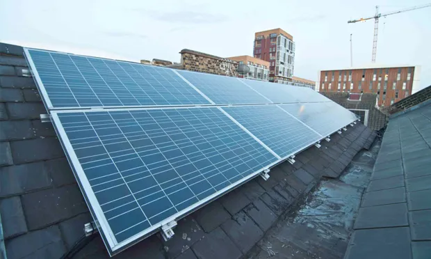 Solar panels sit atop Arcola's Ashwin Street space. Photograph: Arcola Theatre