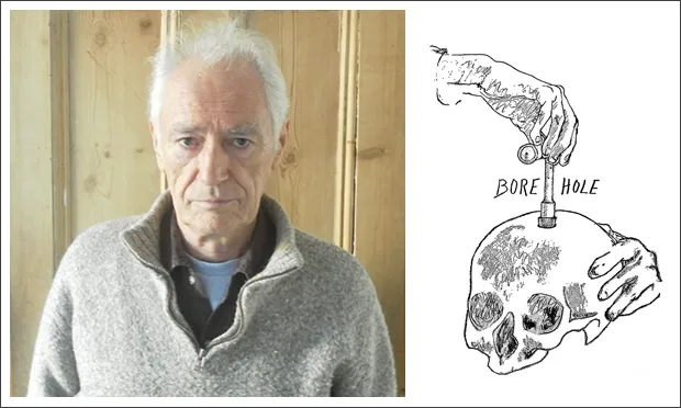 Hole-y Man: Joey Mellen and the cover of his psychedelic memoir, Bore Hole. Image: Joey Mellon / Strange Attractor