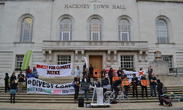 Town Hall criers: Banners were unfurled to highlight the climate change crisis