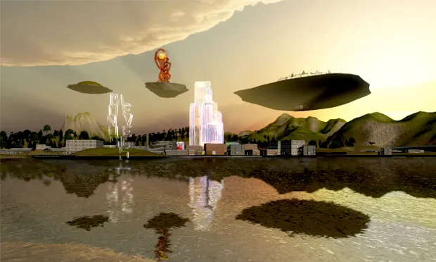 A virtual view from Hackney Wick of the Olympic Park, as found in Lawrence Lek's Delirious New Wick. © Lawrence Lek