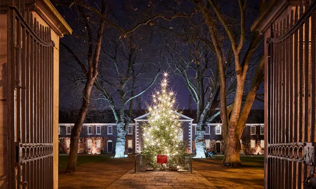 Goodbye at the gates: the Geffrye almshouses lit up for Christmas. Photograph: Hannah Taylor
