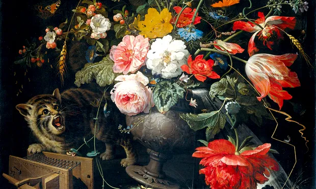 Abraham Mignon's Bouquet with cat and mousetrap (c. 1670). Image: Wikimedia Commons