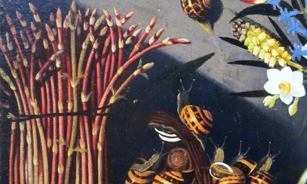 'Fat spears': detail from a Caravaggio still life, featuring asparagus and some escargot