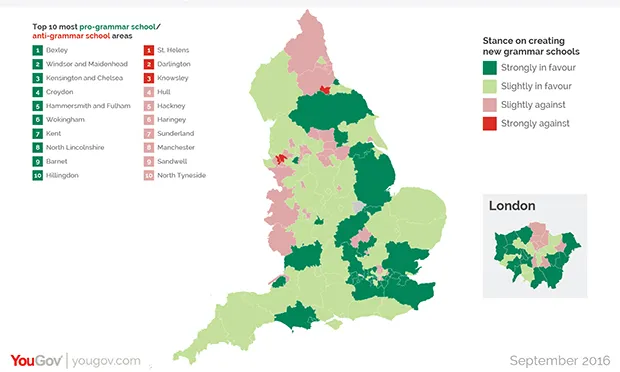 YouGov's map shows areas in red that are against grammar schools and those in green that are in favour of them. Image: YouGov