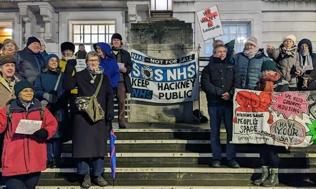 Hackney Keep Our NHS Public campaigners at outside the Town Hall