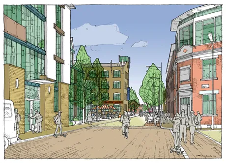 Artist impression: Hackney Wick - looking east along Wallis Road (at the junction of Berkshire Road and Felstead Street)