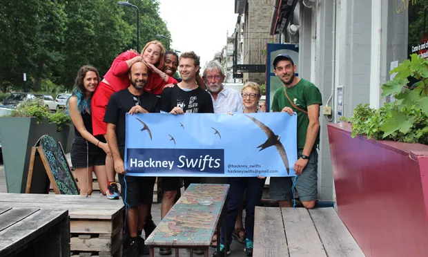 Hamish Burnett (far-right) and supporters gathered outside e Star by Hackney Downs pub - which has swift boxes in situ. Photo