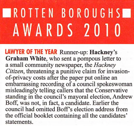 Hackney Council lawyer makes Private Eye Rotten Boroughs Awards