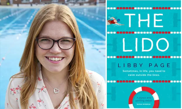 Author Libby Page and her watery novel The Lido. Photograph: Natalie Dawkins. Cover shot: Orion