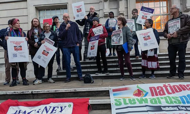 Brian Debus, Hackney Unison chair at library protest