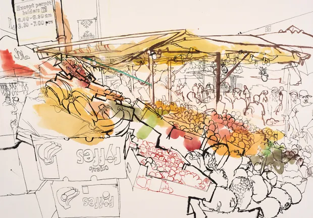 'There's a lot more here to see': Lucinda Rogers' Fruit mountain at the entrance to Ridley Road. © Lucinda Rogers