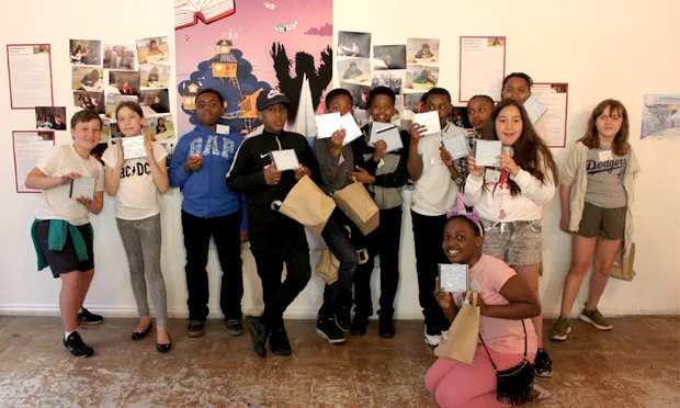 Some of the young authors pose with their freshly minted CDs at the Red Gallery launch event. Photograph: Penguin Random Hous