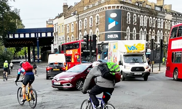 Pembury Circus junction, cyclists crossing Dalston Lane