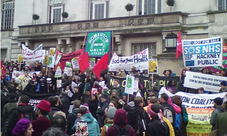 Protestors against the cuts outside Hackney Town Hall on Saturday, 19 February. Photo: Laurence Moor