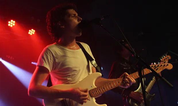 Buzzband lifer John Eatherly (foreground) on stage at OSLO Hackney with Public Service TV. Photograph: Casey Cooper-Fiske