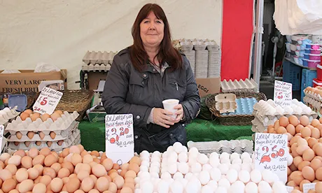 Sue Baldwin at her egg stall, Ridley Road Market. Photograph: Hackney Citizen