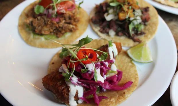Taco trio: the Tofish is front-and-centre in this picture and in our reviewer’s affections. Photograph: Jade King