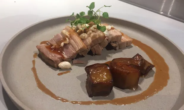 Pressed Pork Belly with Miso Aubergine and skin popcorns