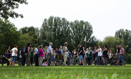 Supporters of Save Lea Marshes rally on Hackney Marshes earlier this month. Photograph: Eleonore de Bonneval