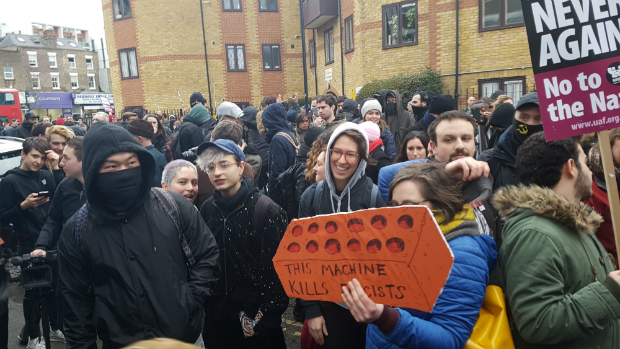 Protesters congregate around LD50's entrance. Photograph: Andrew Barnes