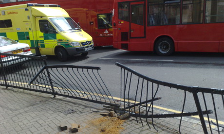 Damaged railing on Amhurst Road following collision. Photograph: Matt Biddulph