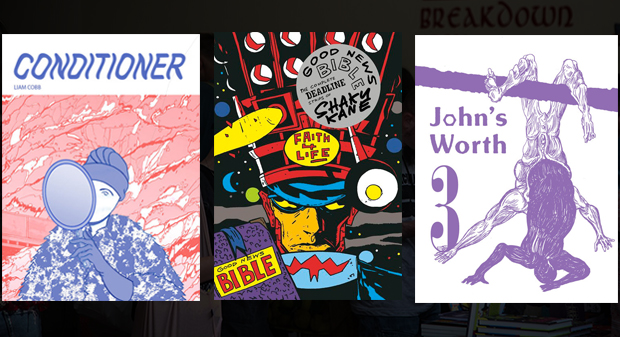 Three of Breakdown Press' new releases for Safari: Liam Cobb's Conditioner, Shaky Kane's Good News Bible and Jonathan Chandler's John's Worth 3.