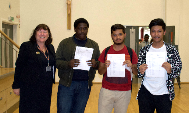 Headteacher Jane Heffernan and students Joshua Williams, Onder Kilinc and Jedidiah Ubaldo