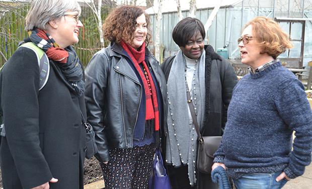 Assembly members Caroline Russell, Leonie Cooper and Jennette Arnold with Paula Yassime from St Mary's Secret Garden on a visit to the Homerton green space earlier this month