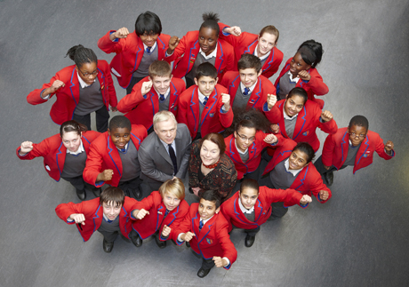 Principal Mark Emmerson with Chair of Governors Catherine McGuinness and City Academy students