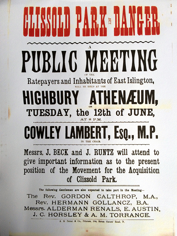 Clissold Park meeting poster