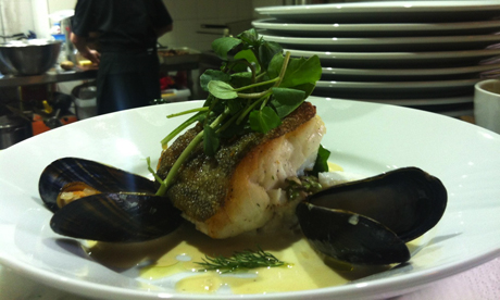 Cod garnished with mussels. Photograph: Sarah Gill