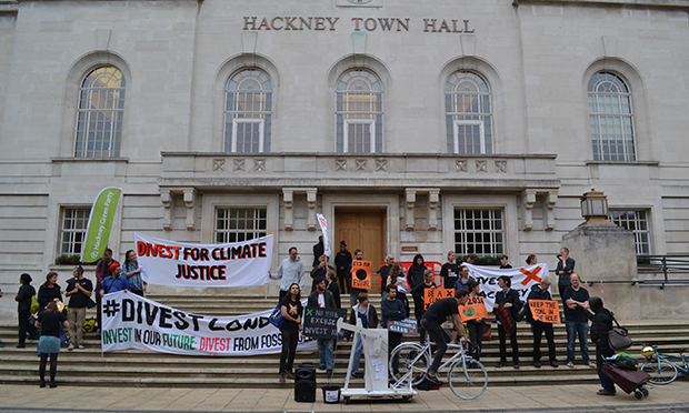 Town Hall criers: Banners were unfurled to highlight the climate change crisis