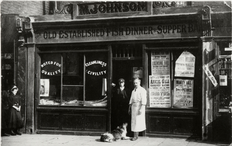 Well Street 1908, south side No 164. Premises of M. Johnson, fishmonger