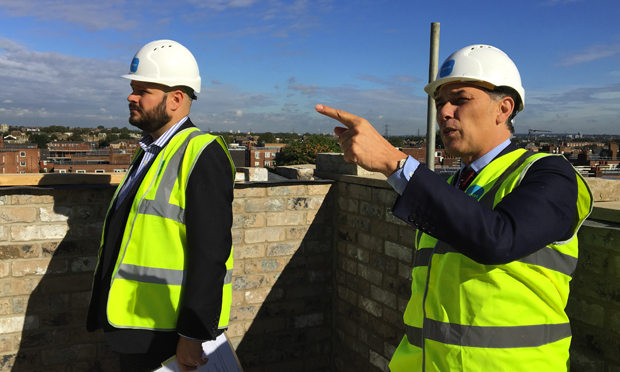 Glanville donned the hi-vis for his visit to an 'affordable development' in Homerton, run by developers Pocket. Photograph: Champollion PR / Pocket