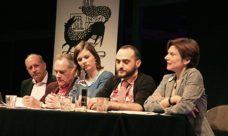 L-R: Incumbent Mayor of Hackney Jules Pipe, Liberal Democrat panellist Tony Harms, Conservative panellist Amy Gray, Independent candidate Mustafa Korel and Green Party candidate Mischa Borris. Photograph: Hackney Citizen