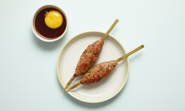 The tsukune, with cured egg yolk. Photograph: Aaron Tilley