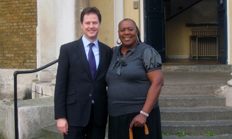 Deputy Prime Minister Nick Clegg with Pauline Pearce outside St John at Hackney Church