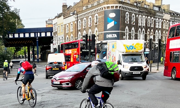 Pembury Circus junction, cyclists crossing Dalston Lane