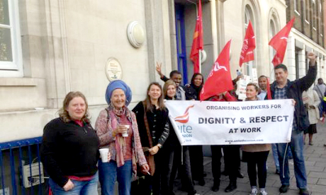 Unite members outside the hostel on Mare Street. Photograph: Bryan Kennedy