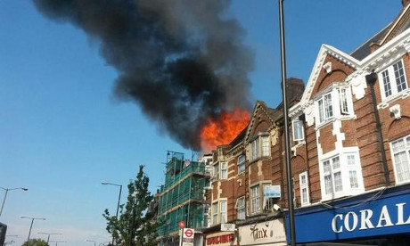 Ablaze: Building on fire in Stamford Hill. Photograph: @ShomrimOfficial