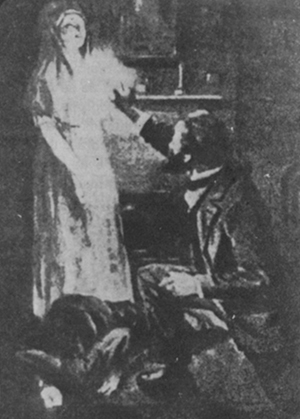 Katie King hovers above Florence Cook’s prone body, as Sir William Crookes looks on