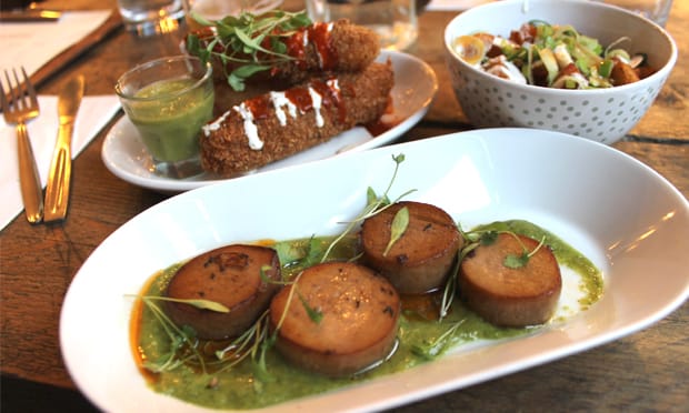 The vegan 'scallops' (front) and the deep fried 'cheeze' (back left). Photograph: Jade King