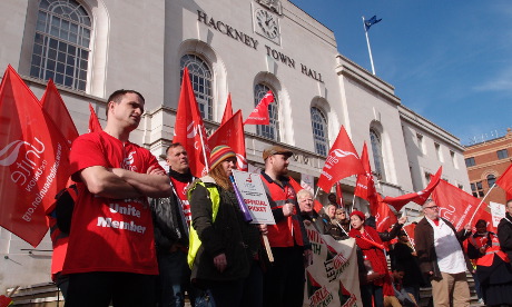 Defiant: St Mungo's workers rally outside Hackney Town Hall. Photograph: Glenn MacMahon