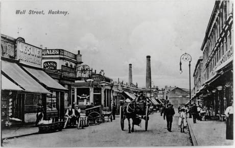 Well Street c1905. View north east from Cresset Road to Berger's Paint Factory. Photograph: Hackney Archives
