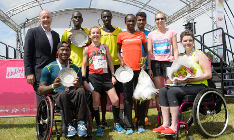 Mayor Jules Pipe with race winners: from left to right, wheelchair Mens' race winner Ashley Archer, Mens' race winner Peter Emase, Bel Levene, third in the Women's race, Boniface Kongin, second in the Mens' race, Gladys Yator, Womens' race winner,  Anuradha Cooray from Sri Lanka, third in the Mens' race, Katie Webster, second in the Womens' race and Women's Wheelchair race winner, Susan Cook. Photograph: © Fiona Hanson 