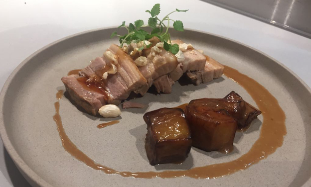 Pressed Pork Belly with Miso Aubergine and skin popcorns