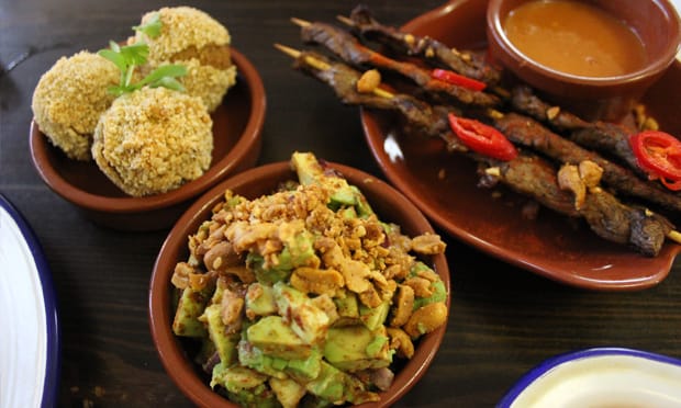 Left to right: yam balls, Ghanaian Guacamole, beef chichinga